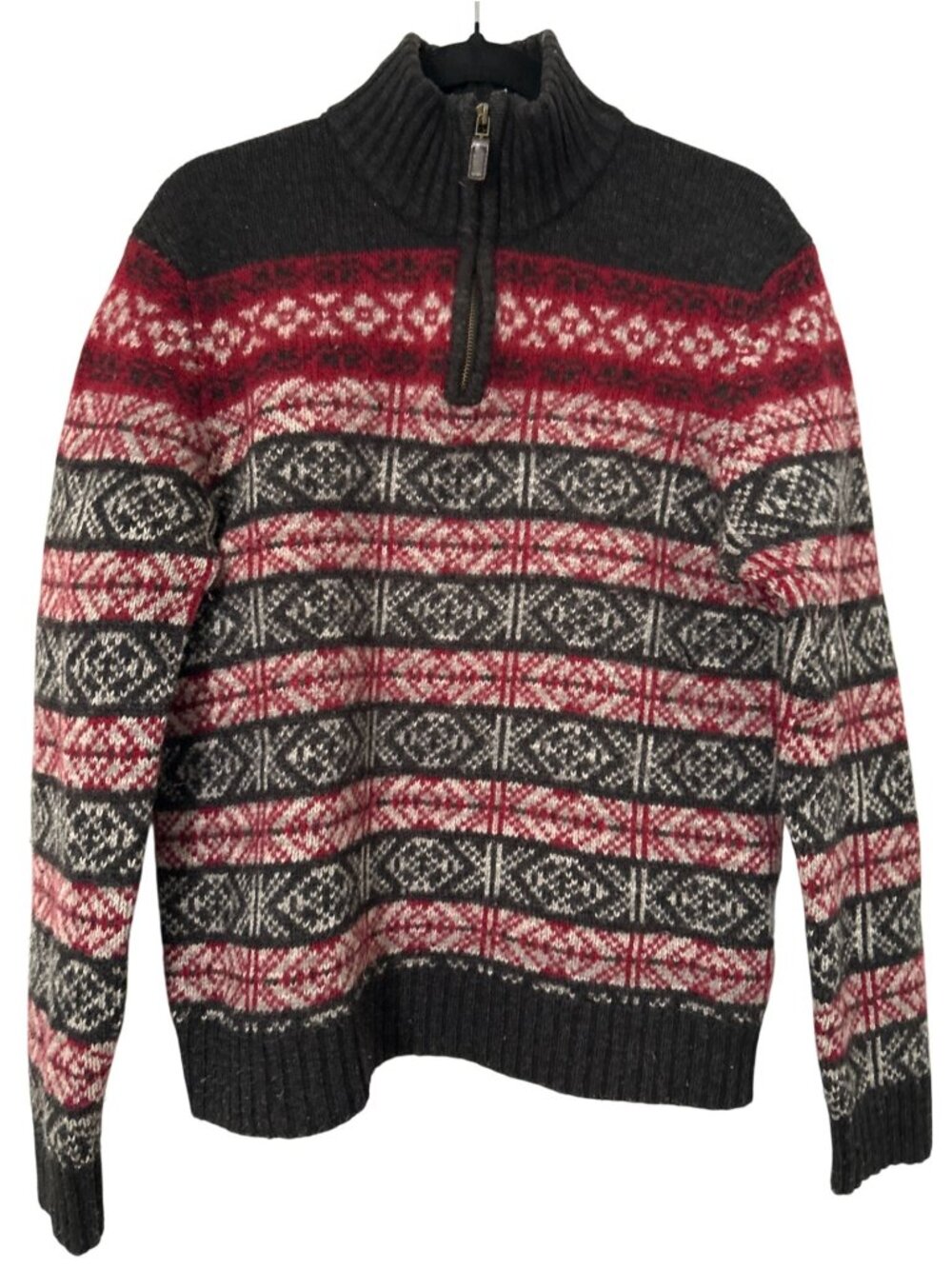 Nautica Lambswool Quarter Zip Sweater Sz L Red Gray Fair Isle Nordic Knit Preppy